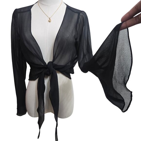 Tadashi Women Vtg Y2K Fairy Whimsigoth Sheer Black Flare Sleeve Tie Front Top 8 - Picture 2 of 12